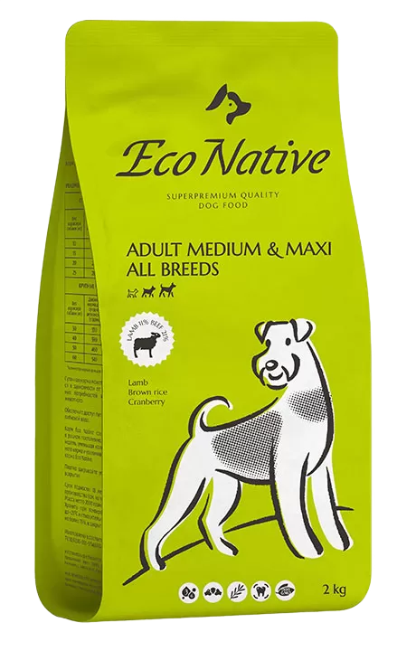  Eco Native корм для взрослых средних и крупных пород, ягненок и бурый рис